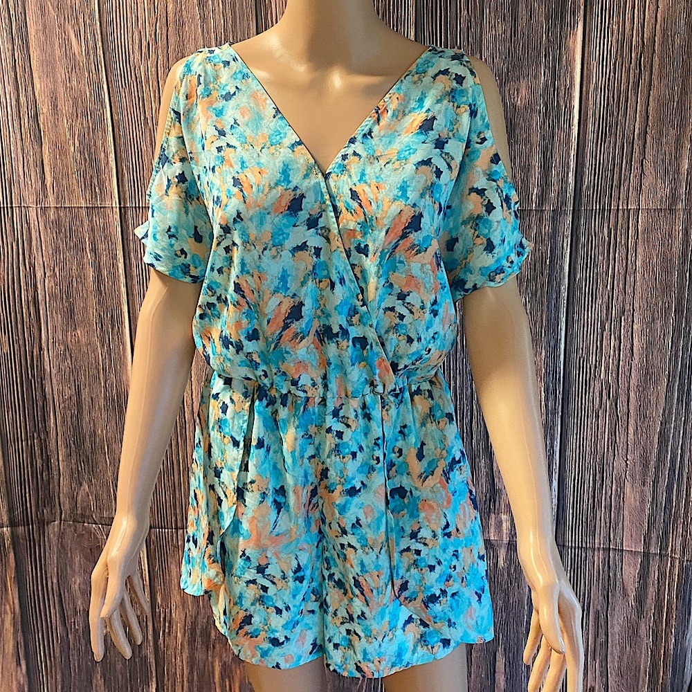 Decree size medium blue orange pastel watercolor flowy summer romper